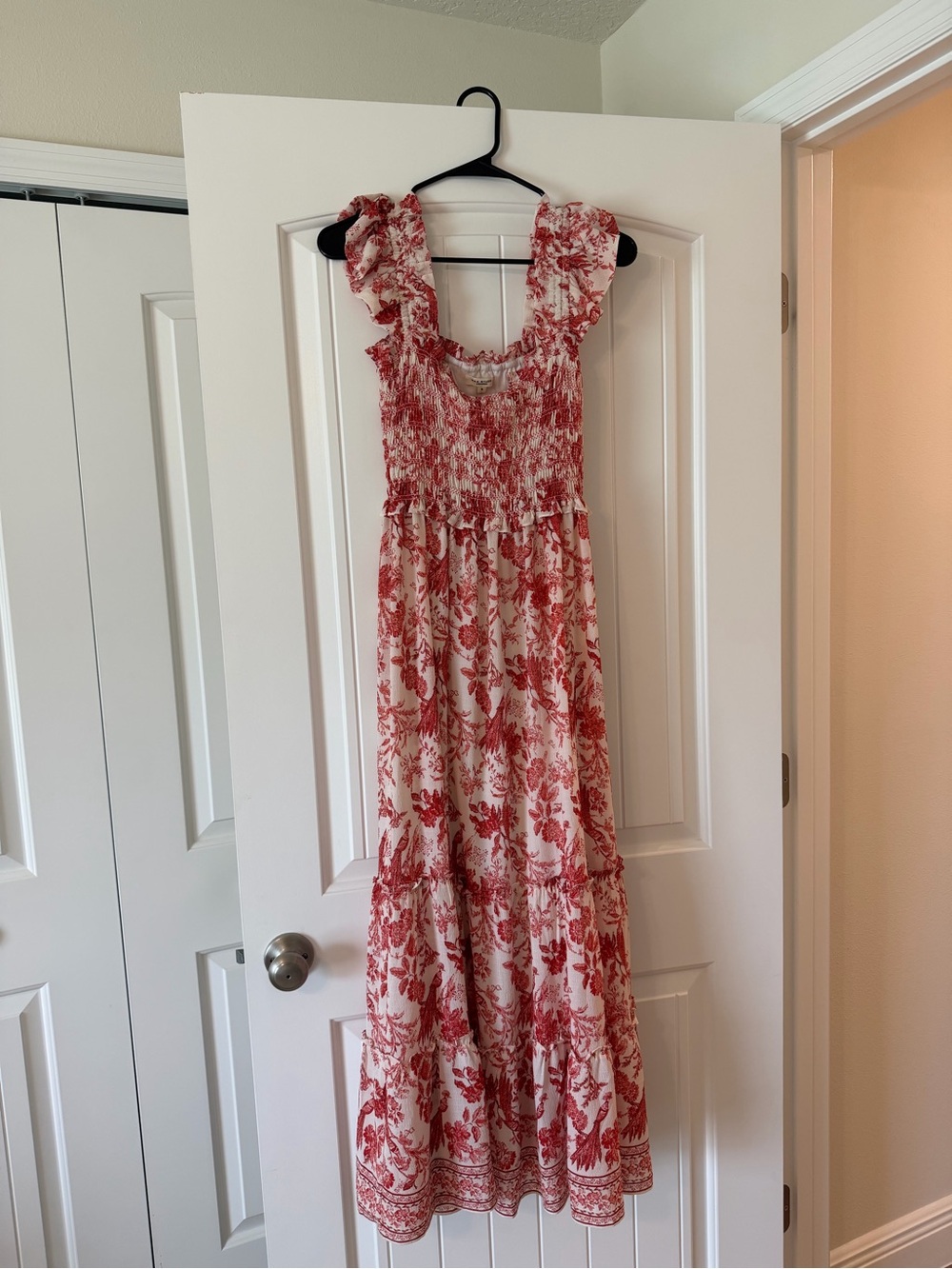 Max Studio Red Floral Smocked Maxi Dress with Ruffle Straps